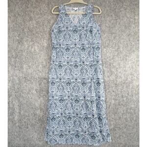 J Jill Love Linen Blue White V Neck Geometric Print Sleeveless Midi Maxi Dress